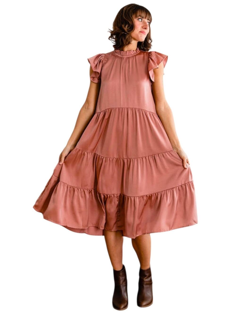 Pinch Olivia Midi Dress Mauve Pink Flutter Sleeve Tiered Ruffle